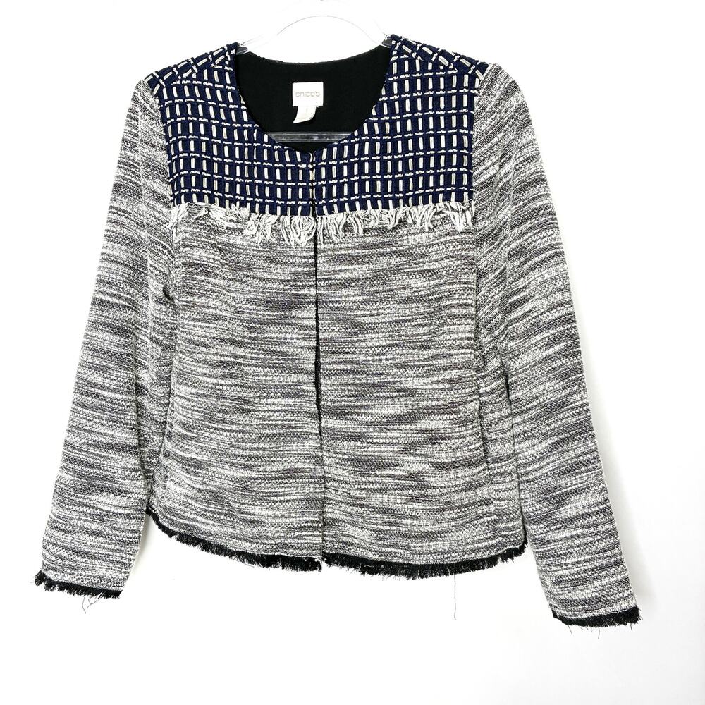Chico's Black White Marled Navy Detail Hook Closure Blazer Chicos 1/ US Medium